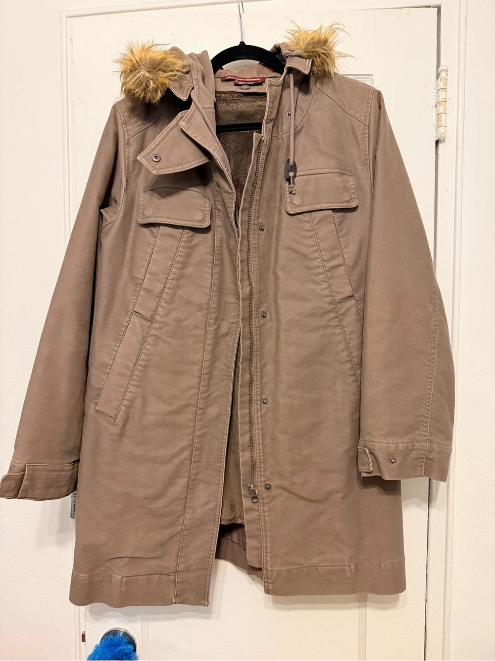 Taupe Hooded Parka Jacket with Faux Fur Trim